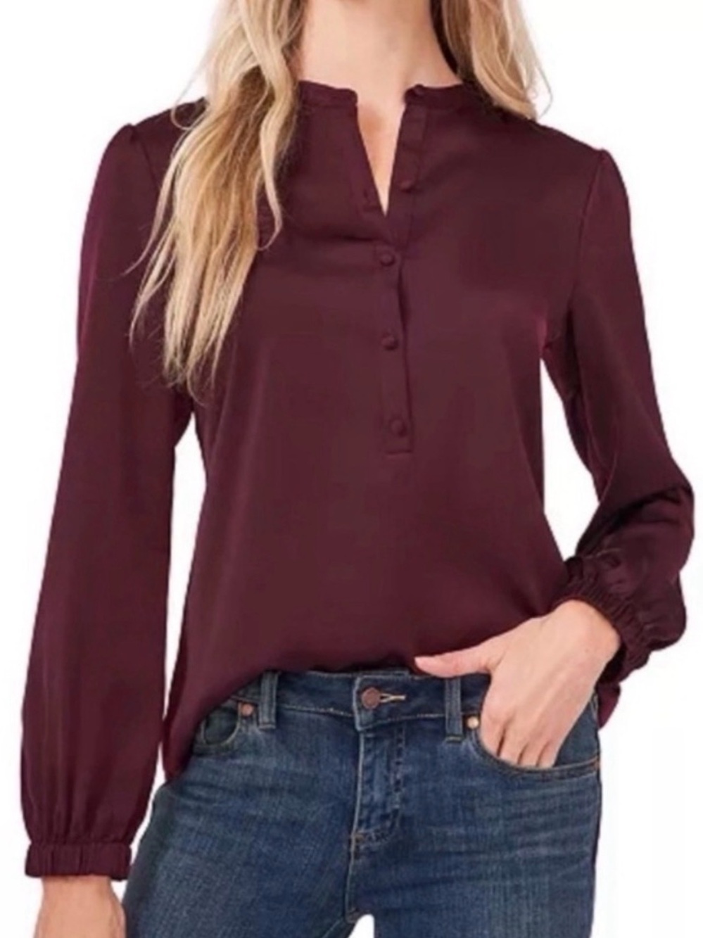 CeCe Burgundy Blouson Sleeve Satin Blouse Dark Wine Red Top Size L EUC